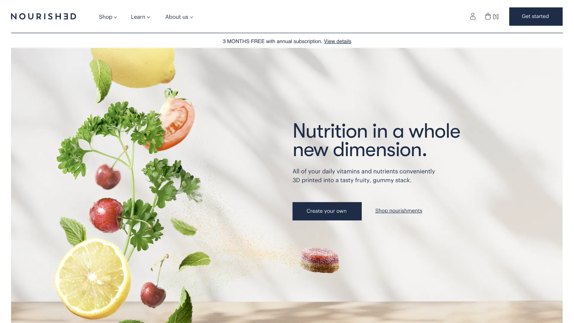 Nourished website homepage showing floating fruit, herbs, and a 3D-printed gummy vitamin stack with the headline 'Nutrition in a whole new dimension' and a button to create your own