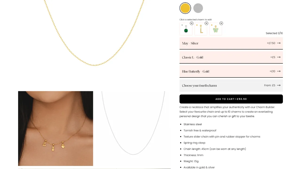 Bohomoon charm builder product page showing a gold chain necklace with three selected charms—May birthstone, Classic L, and Blue Butterfly—plus options to add a fourth charm and detailed product description.