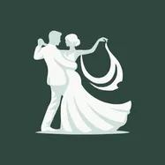 Silhouette illustration of a bride and groom dancing together on a dark green background