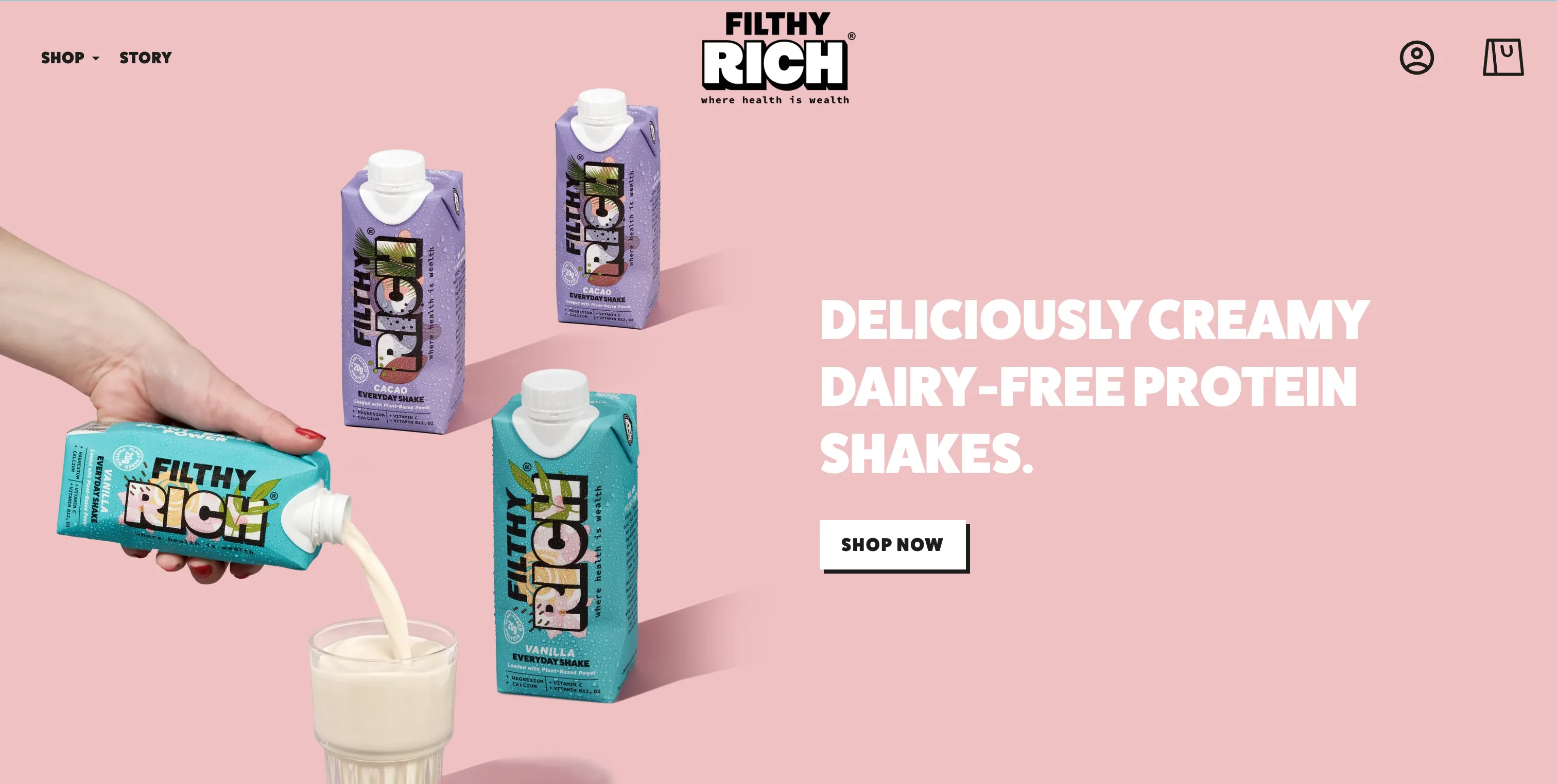 Filthy Rich homepage hero section featuring the plant-based protein range with bold branding and a call to action
